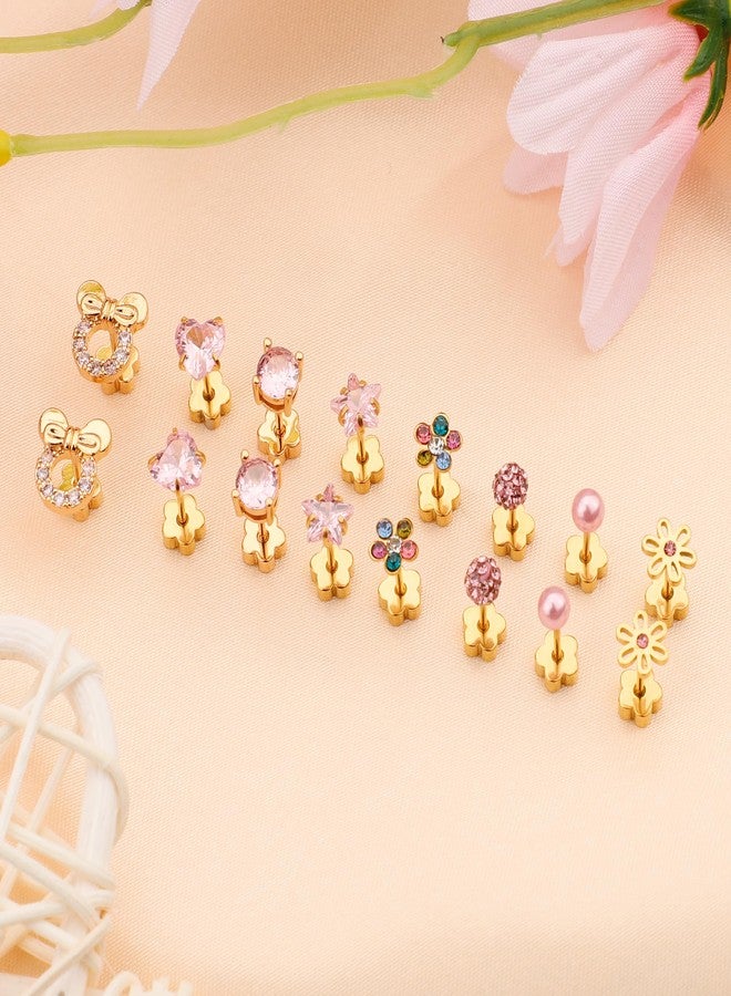 Staligue 8 Pairs Hypoallergenic Screw Back Earrings - 20G Surgical Steel Flat Back Studs with Heart, CZ & Pearl Designs for Women (Gold-Pink CZ) - Image 3